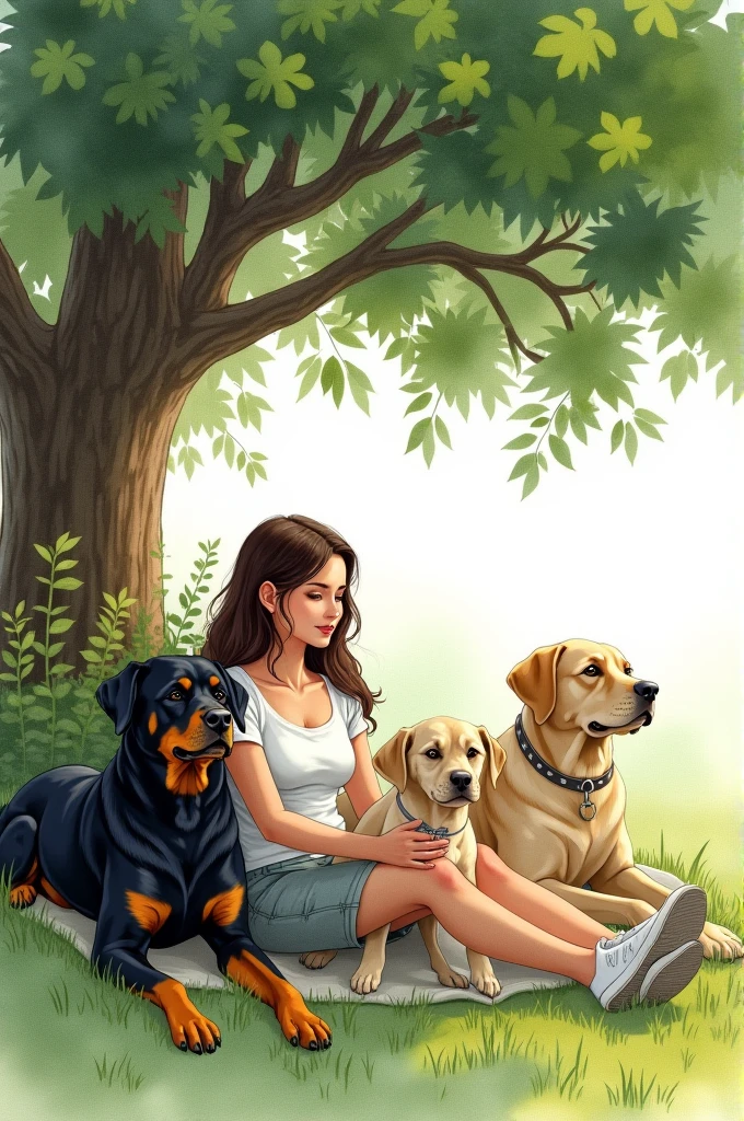 A woman sitting under a tree with two Rottweiler dogs and a Labrador dog in watercolor