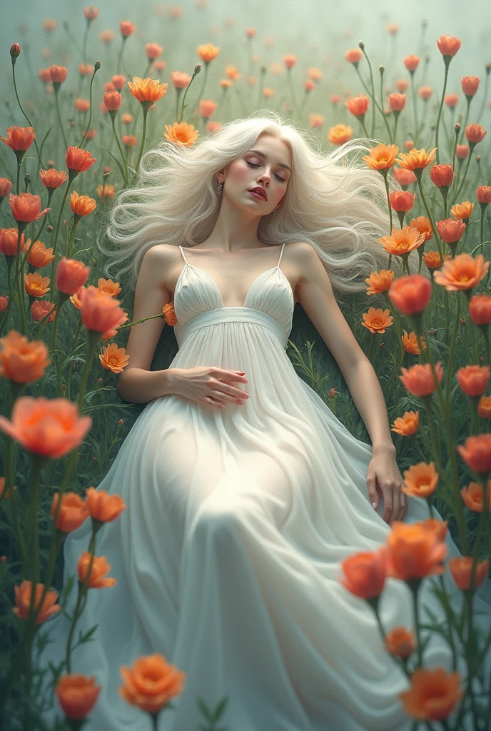 White hair，Wearing a white skirt，The picture is beautiful，With eyes closed，Lying in a sea of flowers