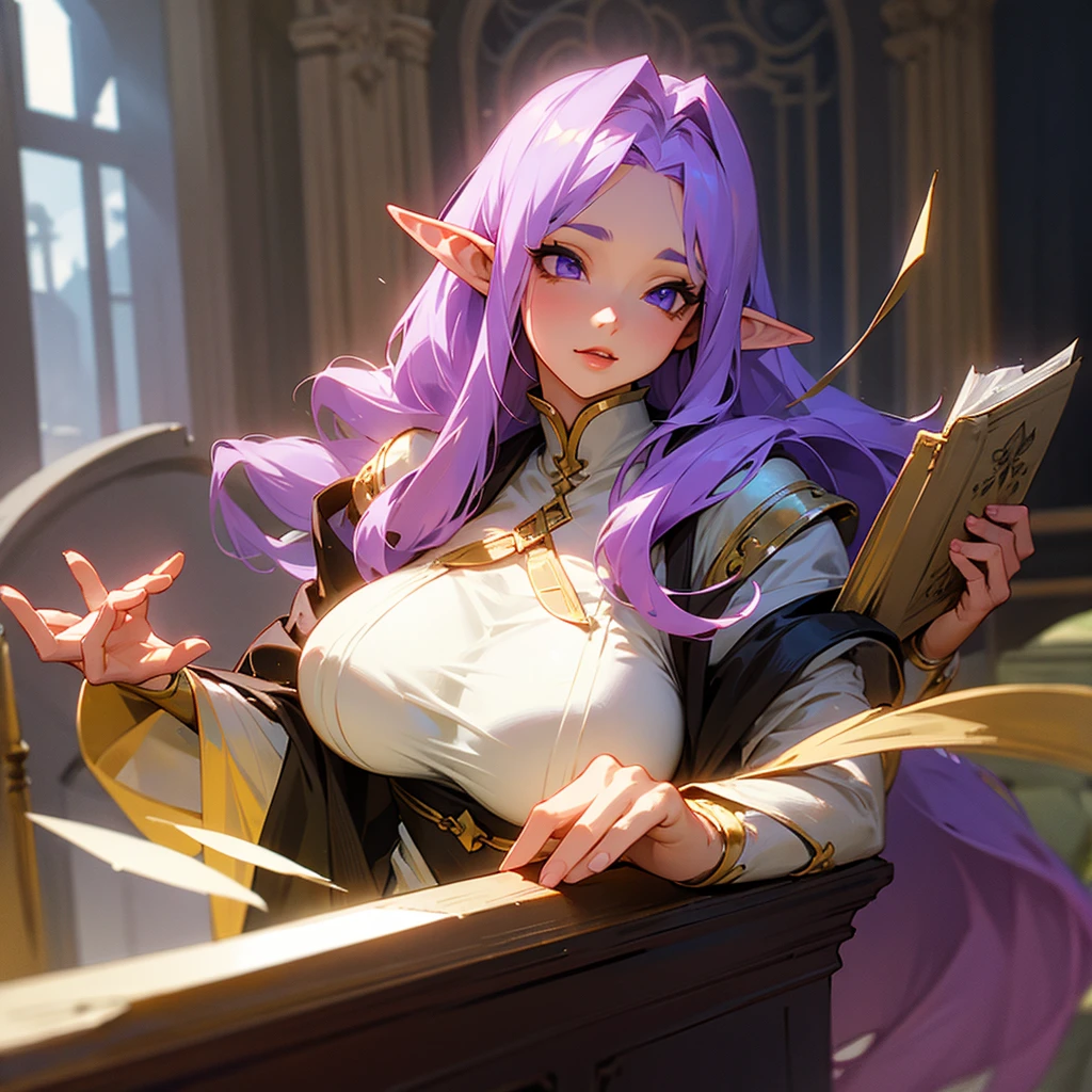 Light purple long hair Elf Big Breasts Too much exposure Receptionist Holding a quill