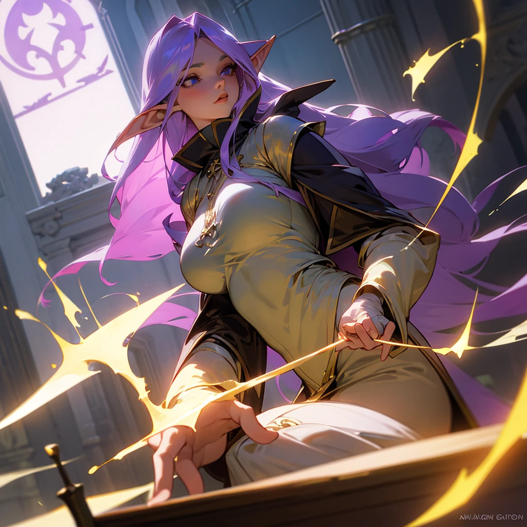 Light purple long hair　Elf　Big Breasts　Too much exposure　Receptionist　Holding a quill　