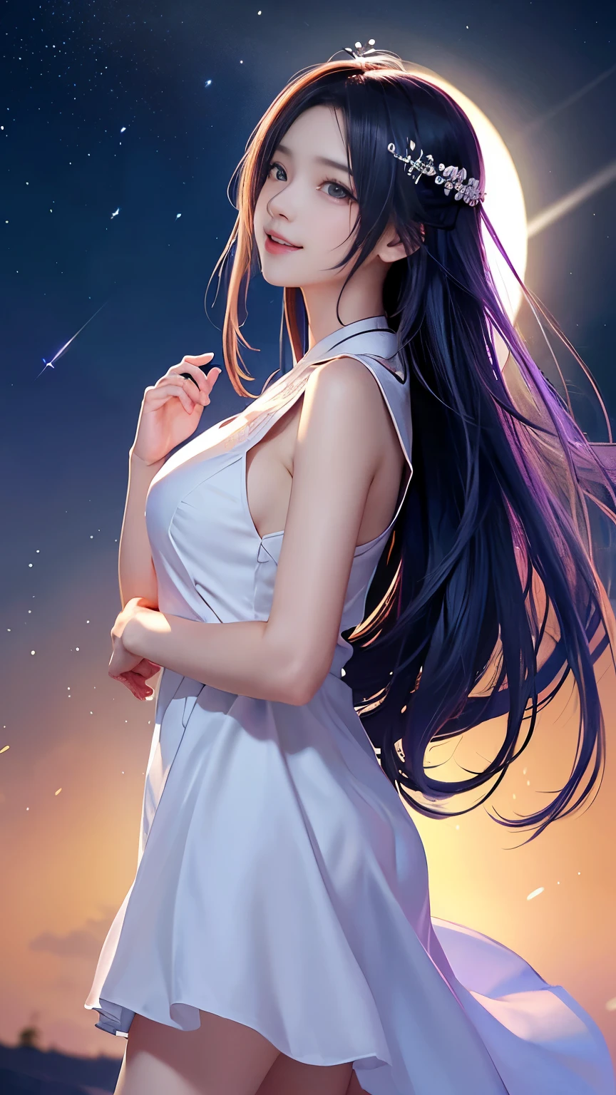 (logo、masterpiece、8k、Tabletop、RAW Photos、wonderful、最high quality、フォトリアルでVery detailedなCG合成8k壁紙、high quality、Very detailed、Narrative poem、Particle Effects、Dynamic Effects、Depth of the Boundary)What is written is、Cinematic Light、Lens flare、Ray Tracing）、Fantasy、（Purple Dress）、（night、night空、Starry Sky、full moon）、（Girl looking up at the sky）、sit、cute、Japanese style、 (smile)、Long Hair、Strong winds、(Hair blowing in the wind)、(White Dress)、Natural light、moonlight、(Horizontal photography)、(chest emphasis)、(Low position)、(Low - Angle)