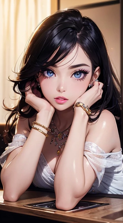 (on the table: 1.3), (maximum resolution: 1.2), (ultra high definition tv: 1.2), movie lighting, ultra high definition tv, (delicate eyes and skin), (detailed facial features), North African Free Trade Area, 8K resolution, sharp focus: 1.2, perfect style, cute face, perfect body, Accurate, anatomically correct, Highly detailed face and skin texture, delicate eyes, dark blue eyes, double eyelid, thin eyebrows, glitter eyeliner: 1.2, natural cheeks, shiny skin, white skin: 1.2, sparkly necklace and earrings, (glossy lips: 1.4), rest, one person'perspective, (((very cute high school girl))), (Sexy pink lace), (smile: 1.2), ((innocent and cute girl:1.3)), (long wavy hair), (light brown hair:1.2), , rest, ((very close relationship: 1.2)), moderately, ((looking at the audience:1.2)), (library 1.2), ((please bend your knees:1.2)), (From the side:1.2),low angle shot,Off-the-shoulder mini dress,mini skirt,embarrassed look,((((big breasts)))),((((uniform))))