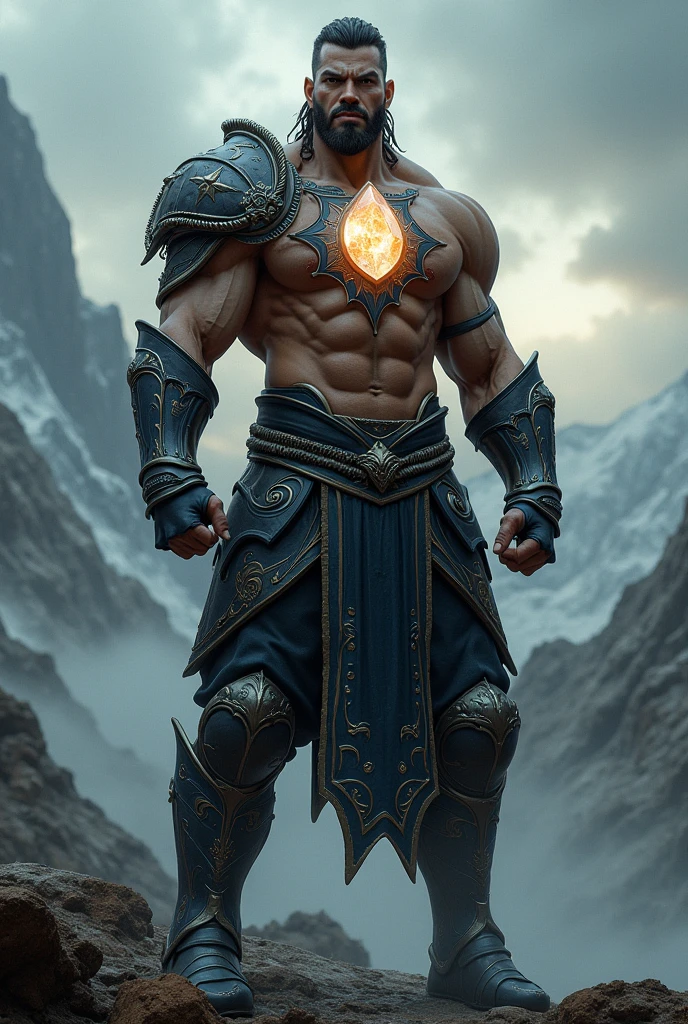 A strong male warrior with a large crystal on his chest