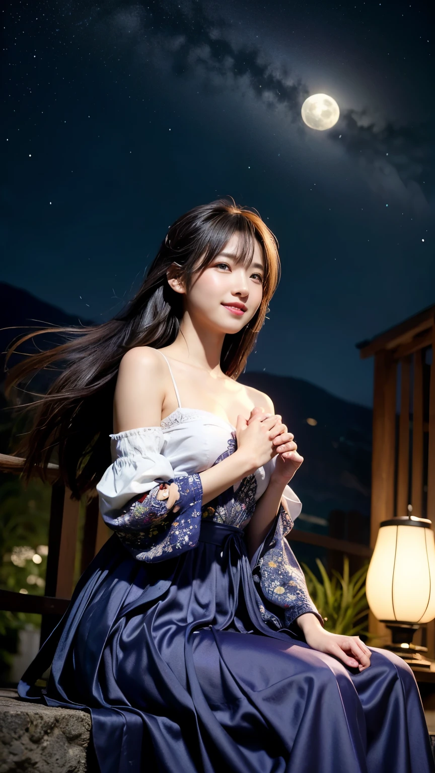 (logo、masterpiece、8k、Tabletop、RAW Photos、wonderful、最high quality、フォトリアルでVery detailedなCG合成8k壁紙、high quality、Very detailed、Narrative poem、Particle Effects、Dynamic Effects、Depth of the Boundary)What is written is、Cinematic Light、Lens flare、Ray Tracing）、Fantasy、（Purple Dress）、（night、night空、Starry Sky、full moon）、（Girl looking up at the sky）、sit、cute、Japanese style、 (smile)、Long Hair、Strong winds、(Hair blowing in the wind)、(White Dress)、Natural light、moonlight、(Horizontal photography)、(chest emphasis)、(Low position)、(Low - Angle)