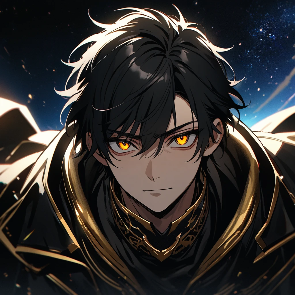 High quality, HD, 4k, no shadows, handsome male, handsome, 1male, , teenager, jeack hair, short black hair, dark hair, black hair, jet black hair, sharp eyes, deep gold colored eyes, dark golden colored eyes, deep gold eyes, gold eyes, devil may cry, close up, calm expression, stoic expression, black leather clothes, white leather clothing, lean body, well trained body, upper body, looking at viewer, cowboy shot, white solar, space background