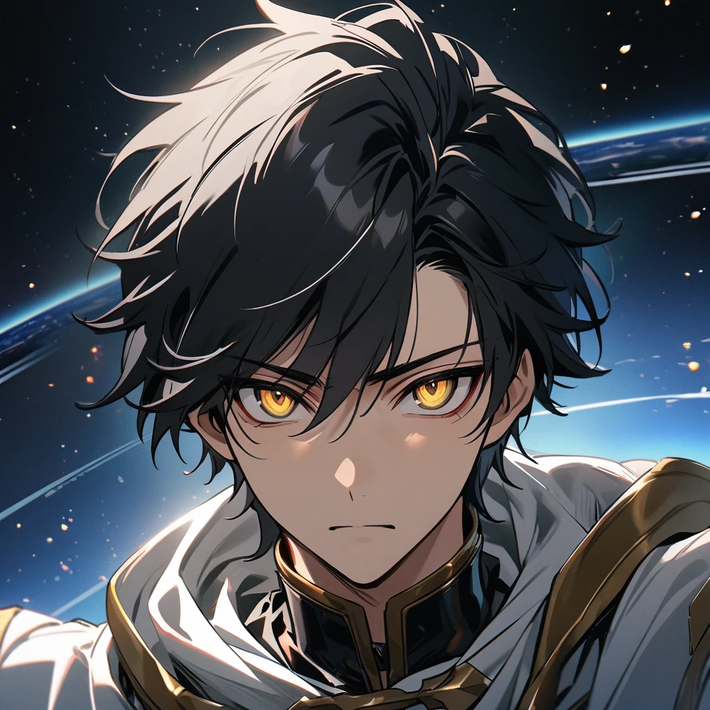High quality, HD, 4k, no shadows, handsome male, handsome, 1male, 17 years old, teenager, jet black hair, short black hair, dark hair, black hair, jet black hair, sharp eyes, deep gold colored eyes, dark golden colored eyes, deep gold eyes, gold eyes, devil may cry, close up, calm expression, stoic expression, black leather clothes, white leather clothing, lean body, well trained body, upper body, looking at viewer, cowboy shot, white solar, space background