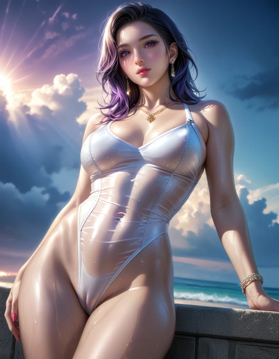 score_9, score_8_superior, score_7_superior, High resolution 3D anime style,A masterpiece in 32K resolution,Highest quality,it is really amazing,Very detailed,Ultra-high resolution,Ultra-realistic,Realistic,Increased depth of field,Cinematic lighting,
Sexy mature Japan woman,
black straight medium hair,Ultra-detailed and beautiful face,Calm expression,Translucent white skin,Realistic skin texture,Great proportions,
High leg swimsuit,
Luxurious design,Chic color scheme,Beautifully detailed decoration,Detailed fabric texture,
Gorgeous necklace,Earrings,
Dark skies before the storm,Dark clouds covering the dark sky,Thunderclouds rolling in,Coastline at night,Stormy seas,delay々A desolate sandy beach that continues,
dramatic,Low - Angle,