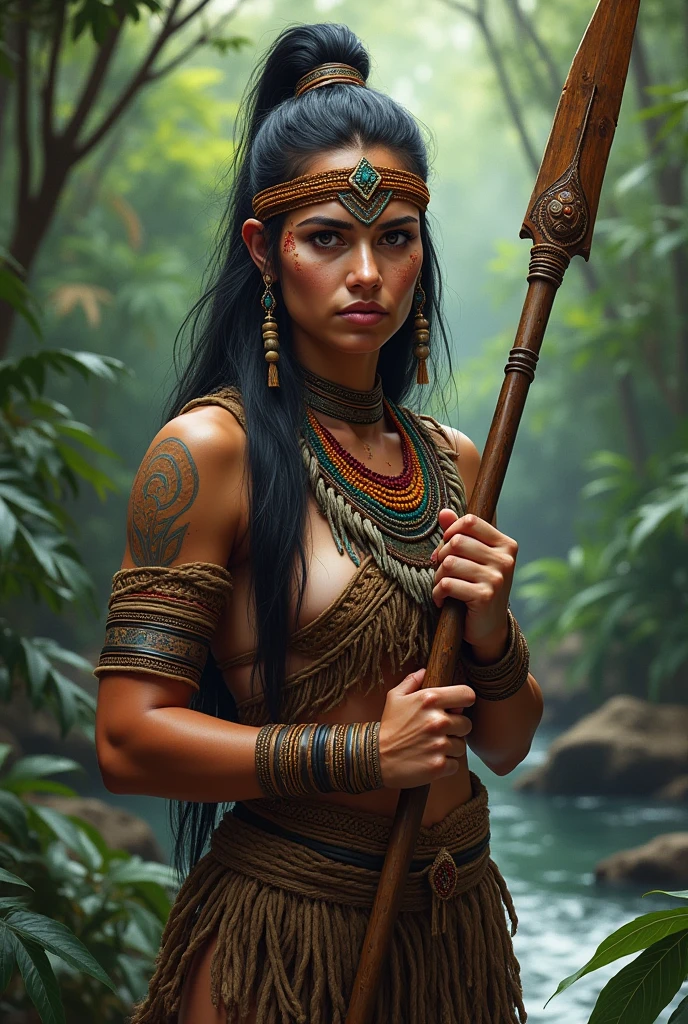 arafed woman in native dress holding a stick in a river, amazon indian peoples in brazil, amazon warrior, forest hunter lady, a young female shaman, north adult female warrior, wearing tribal armor, in a jungle environment, amazon queen, holding a spear, tribal clothing, gorgeous jungle ranger, indigenous, holding spear, she is dressed in shaman clothes