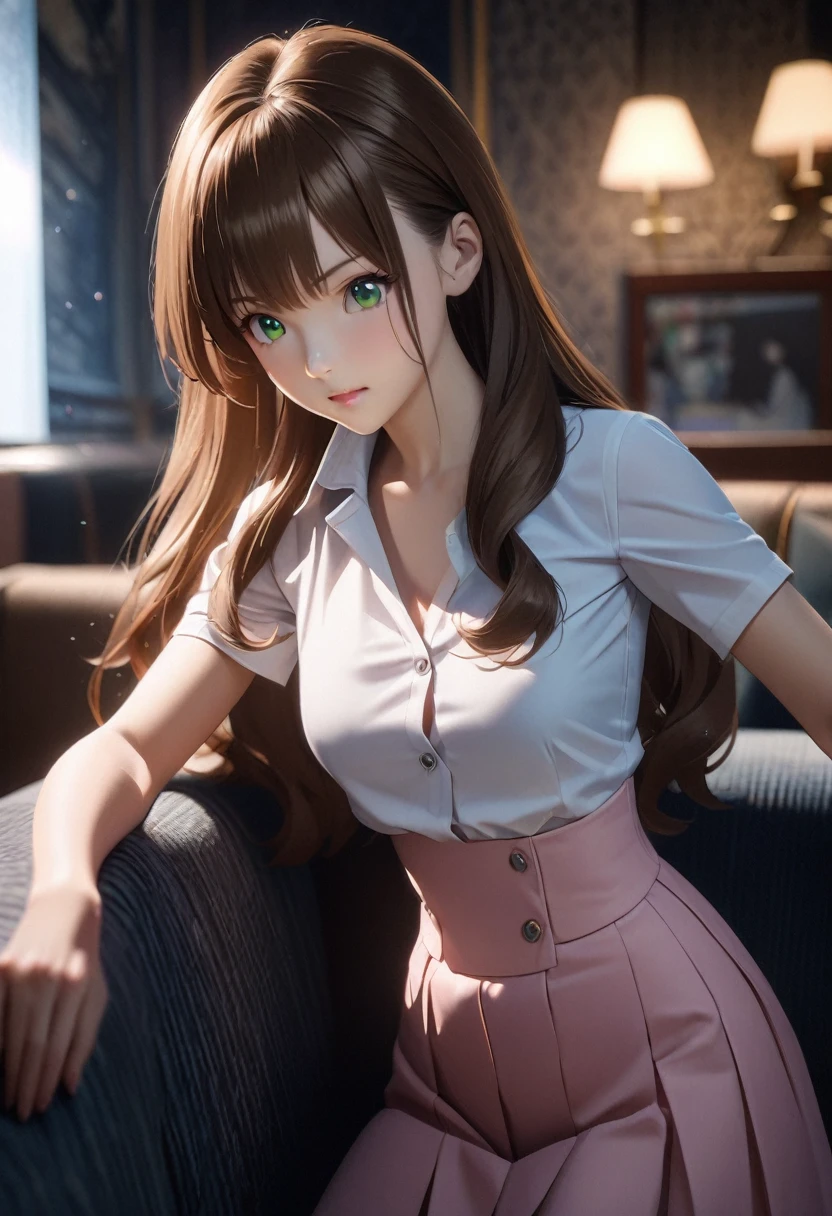 beautiful woman, ((portrait)), ((detailed face:1.2)), ((Anime Face, anime черта лица, Clean skin, глянцевые anime губы, Clean skin), (long beautiful straight slightly curled hair, brown-haired: 1.55), ((green eyes)) (perfectly proportional body, slim waist, narrow hips,, 2 bust size), arched back (wear a white short-sleeve button-down blouse, unbuttoned, (short pleated pink skirt:1.15), For Girls, (detailed living room background:1.1), on the couch, vacationist, (realistic photo, Best quality, detailed), (8k wallpaper), (cinematic lighting, beautiful light, (night:1.3)) (Sharp Focus, difficult) ((( 2d, anime ))) 
