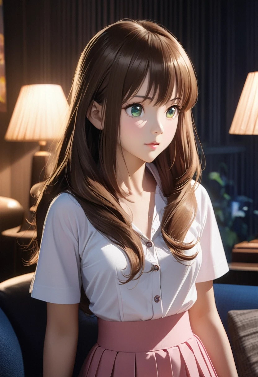 beautiful woman, ((portrait)), ((detailed face:1.2)), ((Anime Face, anime черта лица, Clean skin, глянцевые anime губы, Clean skin), (long beautiful straight slightly curled hair, brown-haired: 1.55), ((green eyes)) (perfectly proportional body, slim waist, narrow hips,, 2 bust size), arched back (wear a white short-sleeve button-down blouse, unbuttoned, (short pleated pink skirt:1.15), For Girls, (detailed living room background:1.1), on the couch, vacationist, (realistic photo, Best quality, detailed), (8k wallpaper), (cinematic lighting, beautiful light, (night:1.3)) (Sharp Focus, difficult) ((( 2d, anime )))