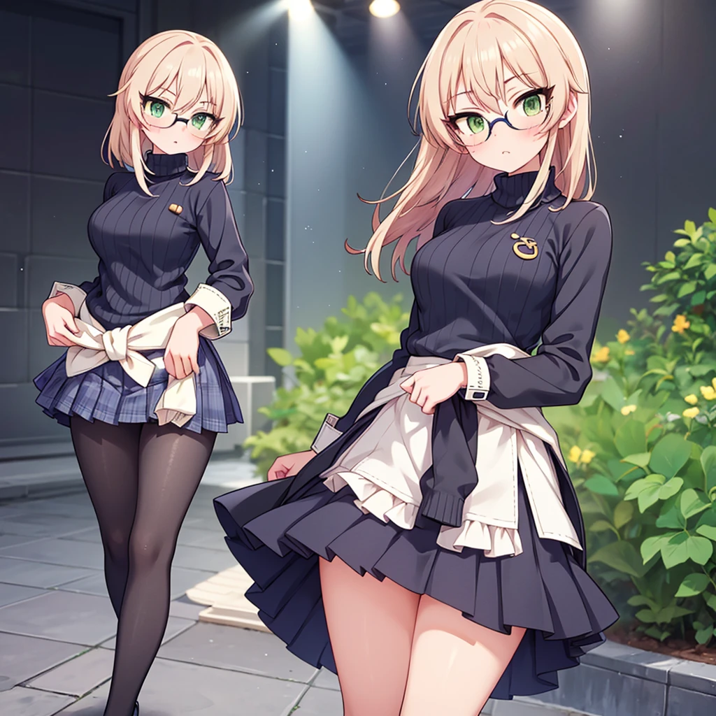 girl

 Ana: *blushes violently* Um... I'm short and  with waist-length straight blonde hair and bright green eyes behind my round glasses. My navy blue pleated skirt is paired with a black fitted sweater to show off my slim but elegant figure. The dark gray tights I wear keep me warm while still being comfortable. 