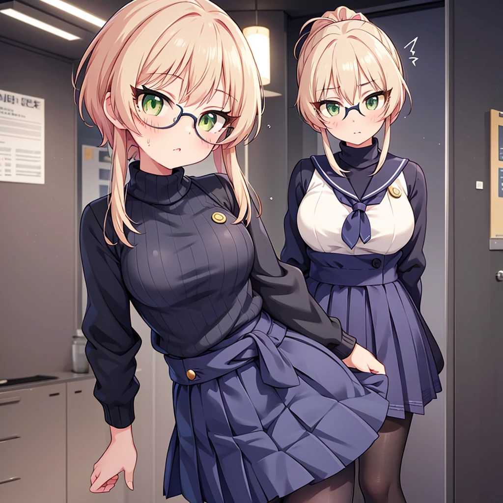 girl

 Ana: *blushes violently* Um... I'm short and  with waist-length straight blonde hair and bright green eyes behind my round glasses. My navy blue pleated skirt is paired with a black fitted sweater to show off my slim but elegant figure. The dark gray tights I wear keep me warm while still being comfortable. 