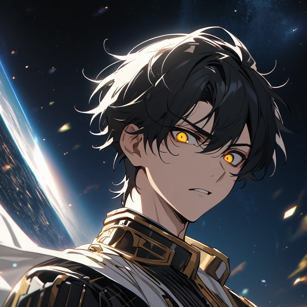 High quality, HD, 4k, no shadows, handsome male, handsome, 1male, , teenager, jeack hair, short black hair, dark hair, black hair, jet black hair, sharp eyes, deep gold colored eyes, dark golden colored eyes, deep gold eyes, gold eyes, devil may cry, close up, calm expression, stoic expression, black leather clothes, white leather clothing, lean body, well trained body, upper body, looking at viewer, cowboy shot, white solar, space background