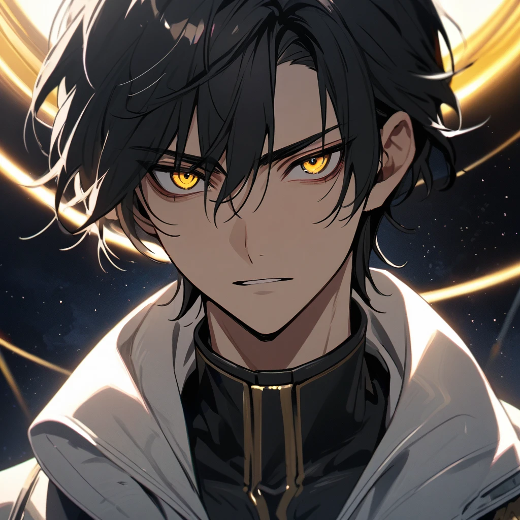 High quality, HD, 4k, no shadows, handsome male, handsome, 1male, , teenager, jet black hair, short black hair, dark hair, black hair, jet black hair, sharp eyes, deep gold colored eyes, dark golden colored eyes, deep gold eyes, gold eyes, devil may cry, close up, calm expression, stoic expression, black leather clothes, white leather clothing, lean body, well trained body, upper body, looking at viewer, cowboy shot, white solar, space background