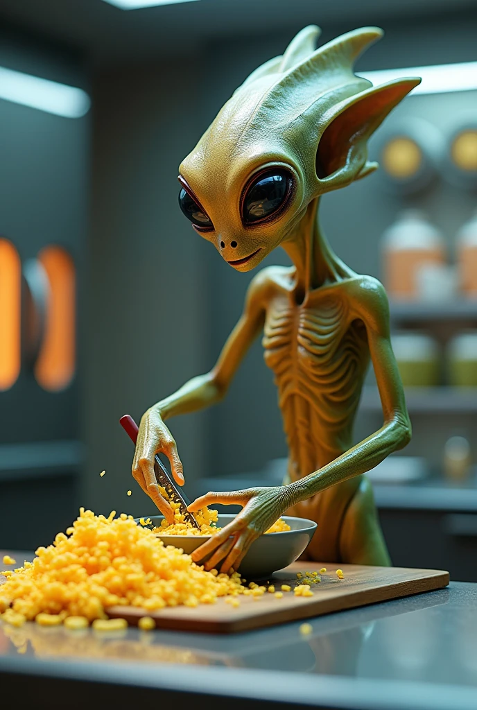 Alien cooking grated cheese
