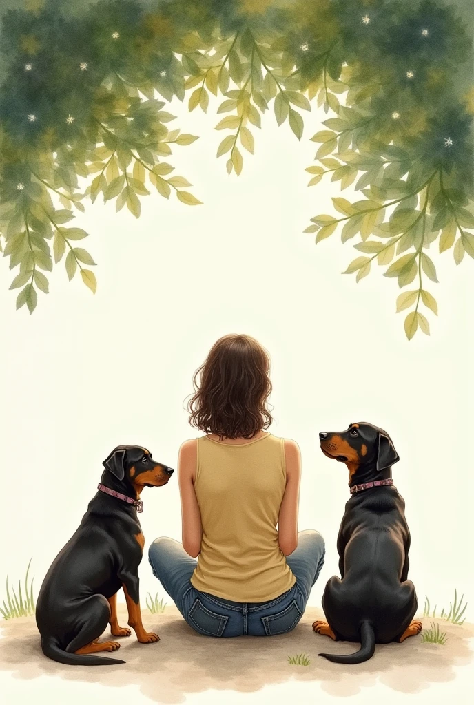 A woman sitting with her back turned under a tree surrounded by two Rottweiler bitches and a Labrador bitch in watercolor
