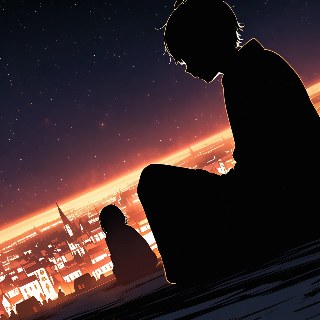 {{cowgirl shot, dutch angle, female focus}} {{Artist: Sincos}}
In the foreground, two figures with dark outlines are barely noticeable: Lyra and Jack. Lyra is kneeling with her head slightly bowed, while Jack lies on his back with his head resting on her knees. They face a grand, magical village in the distance. The village, brightly lit and expansive, dwarfs the small, silhouetted figures of Lyra and Jack. The focus is on the massive, fantastical village in front of them.