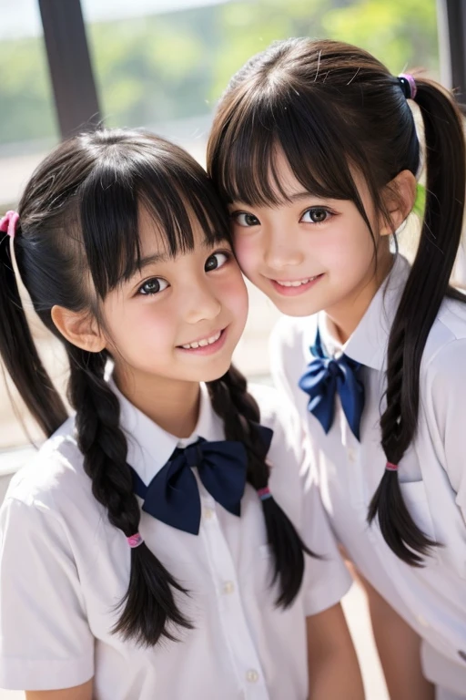 cute, 2 girls, , black hair, twin tails, naked, medium bust, smile, blush, shiny skin