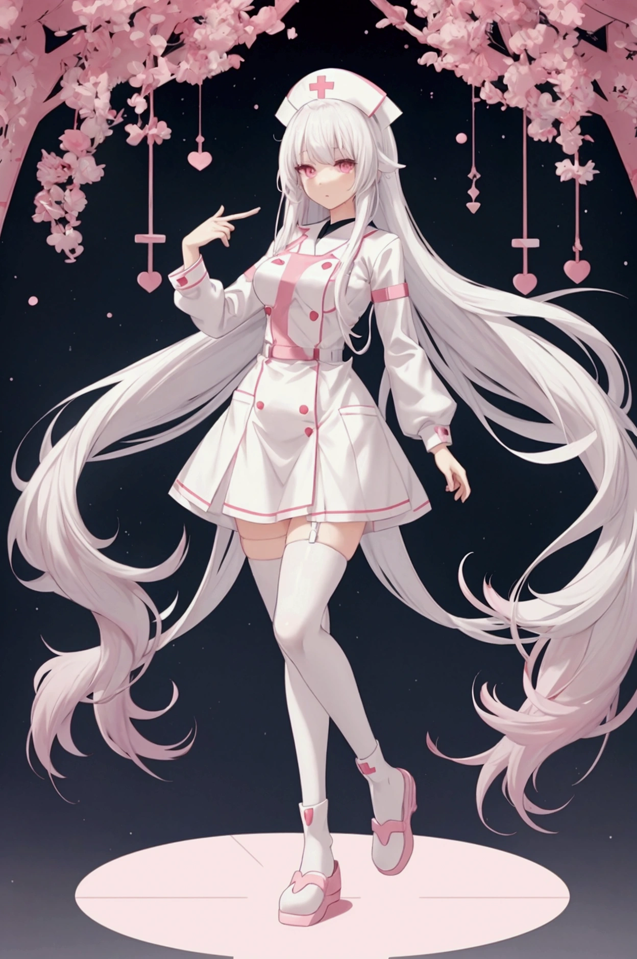 Anime girl long white hair with bangs, in a dress nurse uniform, nurse cap, full body adoptable, character adoptable, fullbody commission for, anime full body illustration, pretty anime character design, anime character design, white and pink color scheme, full body character design, anime character reference sheet, deviant adoptable, anime set style, full body illustration, high quality character design