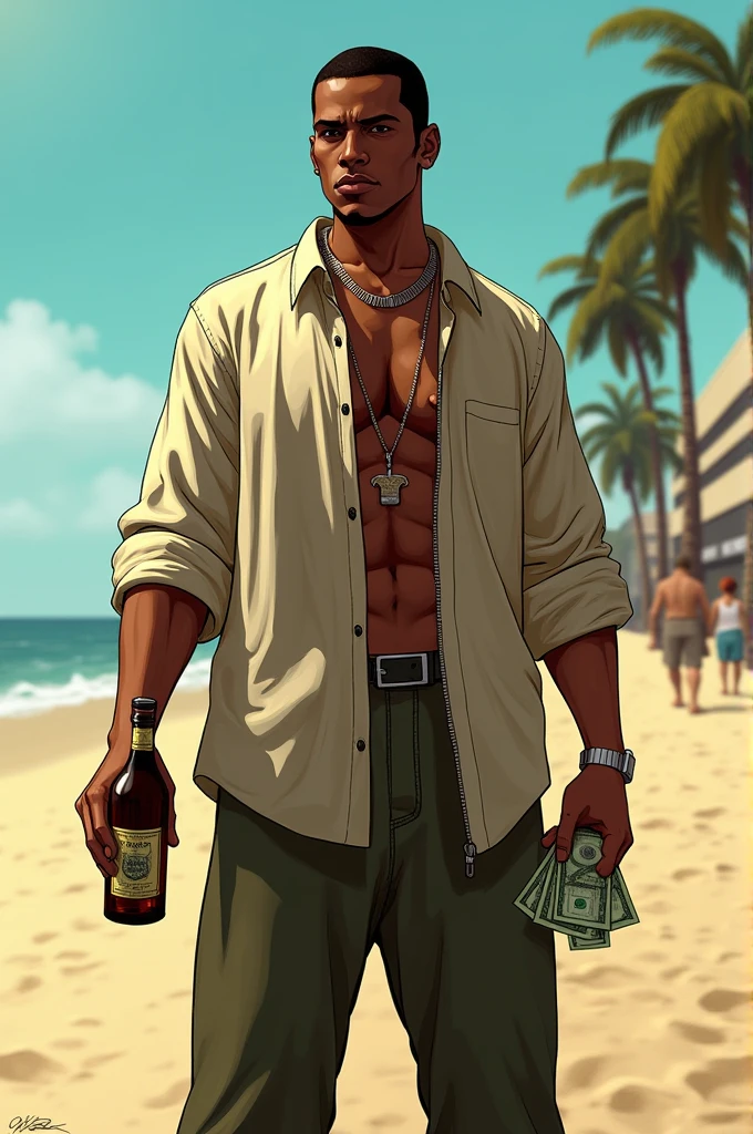 GTA San Andreas Beach Scenery , a stoic man, Average height , brown color and black hair
,holding a bottle of drink and in the other hand some dollar bills