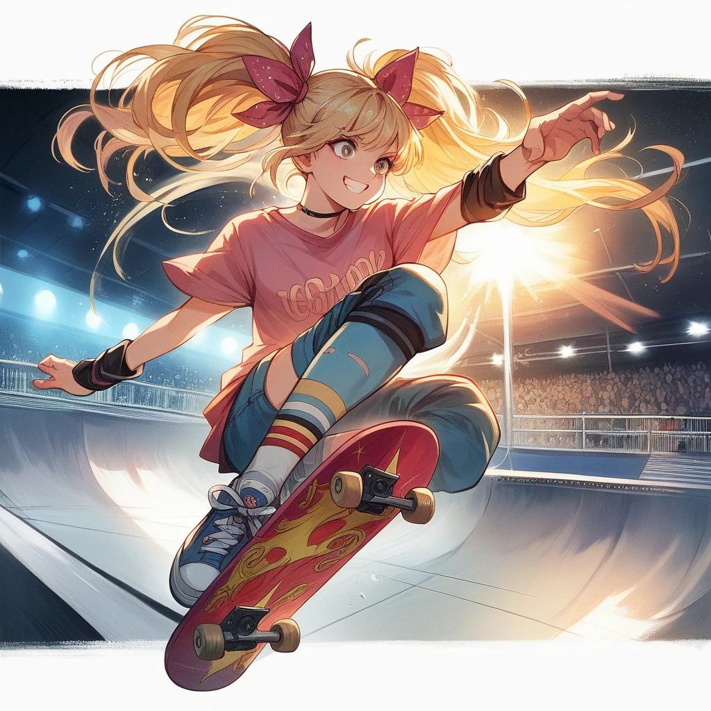 Masterpiece, top quality, highly detailed, extremely detailed, ultra realistic, anime style illustration with bold brush strokes. Cinematic lighting, girl flipping during skateboarding competition, blonde pigtails, smiling face, motion blur.