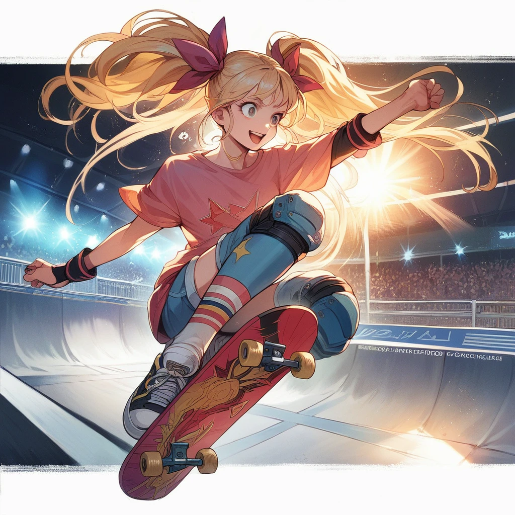 Masterpiece, top quality, highly detailed, extremely detailed, ultra realistic, anime style illustration with bold brush strokes. Cinematic lighting, girl flipping during skateboarding competition, blonde pigtails, smiling face, motion blur.