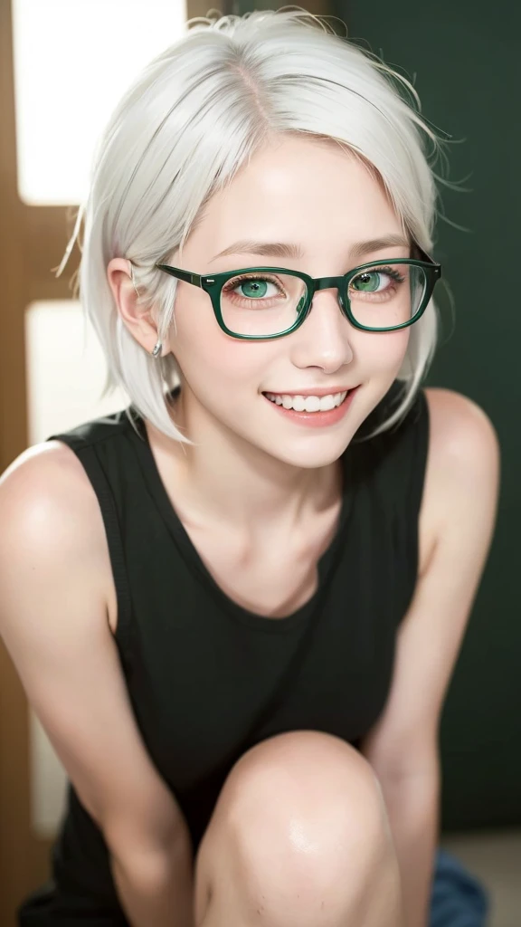 (representative work:1.4), (8K, realistic, RAW photo, Highest image quality:1.4), (20year old girl), 20 years old, (smile:1.4), (sexy:1.1), beautiful face, (realisticな顔), ((frameless glasses)), (white hair, medium hair:1.3), (medium hair:1.5), beautiful hairstyle, realistic eyes, tank top, Detailed and beautiful eyes, (realisticな肌), beautiful skin, (close up:1.1), charm, 超High resolution, (green eyes:1.3), glasslike eyes, model posing