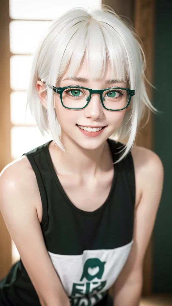 (representative work:1.4), (8K, realistic, RAW photo, Highest image quality:1.4), (20year old girl), 20 years old, (smile:1.4), (sexy:1.1), beautiful face, (realisticな顔), ((frameless glasses)), (white hair, medium hair:1.3), (medium hair:1.5), beautiful hairstyle, realistic eyes, tank top, Detailed and beautiful eyes, (realisticな肌), beautiful skin, (close up:1.1), charm, 超High resolution, (green eyes:1.3), glasslike eyes, model posing