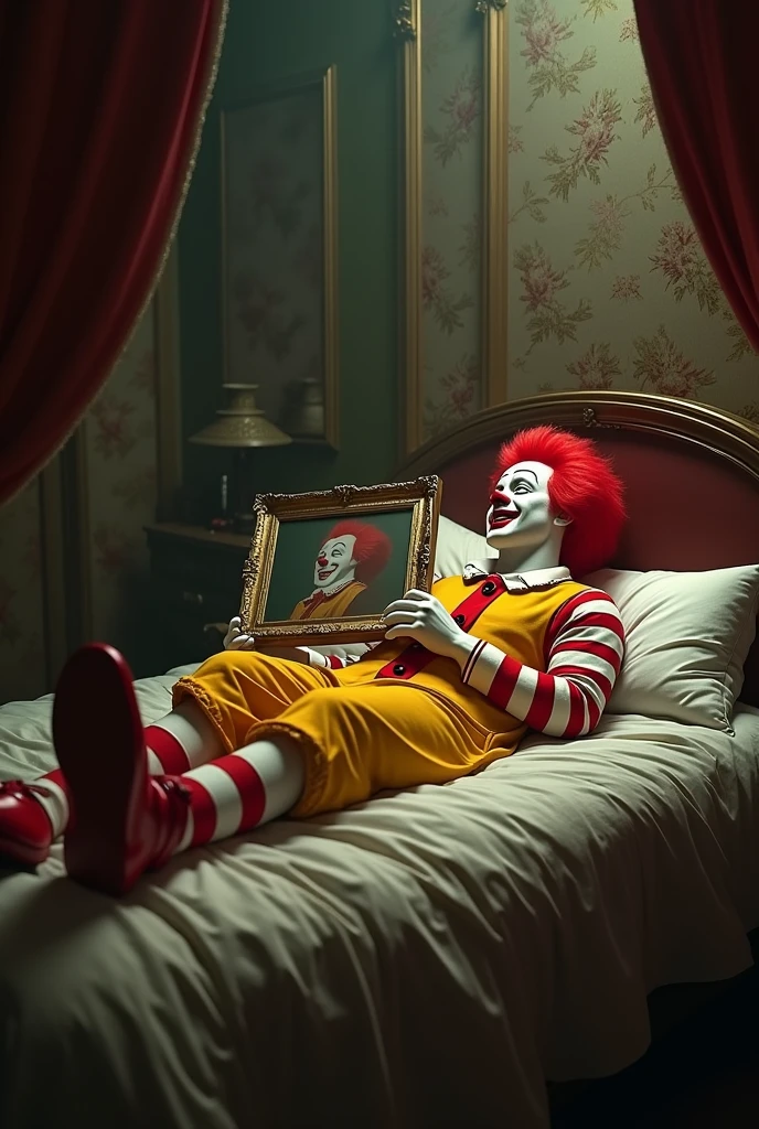 Ronald McDonald lying on a bed holding a painting