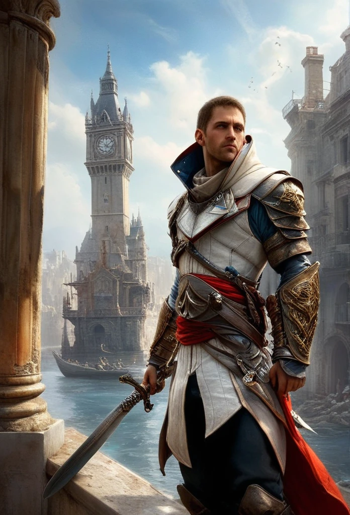 ezio auditor:1.4, A very detailed, ilustrACión cinematográfica de un asesino del universo de Assassin's Creed:1.4, He wears a striking white hooded cloak and a hidden blade, Facing a temperamental, atmospheric background, iluminACión dramática, intricate and ornate architecture, photorealistic, Digital art, concept art style.AC_neg1