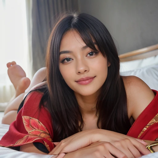 RAW,, Nikon Z 85mm, award-winning glamor photography, ((best quality)), ((masterpiece)), ((realistic)), ((beautiful face)), chinese woman. bedroom, ((unfasten red kimono showing naked tits)), ((small breast)), 20 years old, (bob black hair), black eyes, innocent, intricate details, highly detailed, sharp focus, professional, 4k, , stunning blue eyes, small, delicate, innocent, high resolution, high detail, sharp focus, soft , aesthetic, extremely detailed, photo_\(ultra\), photorealistic, realistic, post-processing, maximum detail, roughness, real life, ultra-realistic, photorealism, photography, 8k uhd, photography, ((lying down on bed, face up,smiling ))