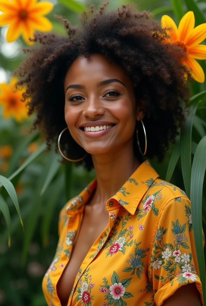 A Brazilian woman in a lush tropical garden, wearing an open shirt with a floral print, with a close-up capturing the harmonious beauty between her breasts and the natural flowers, showing off your natural charm and outgoing personality.
