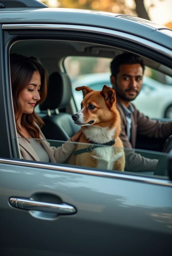 an image of pet taxi where is the dog sitting nicely with the owner at back seat and driven by male driver, the car using dark silver karimun wagon