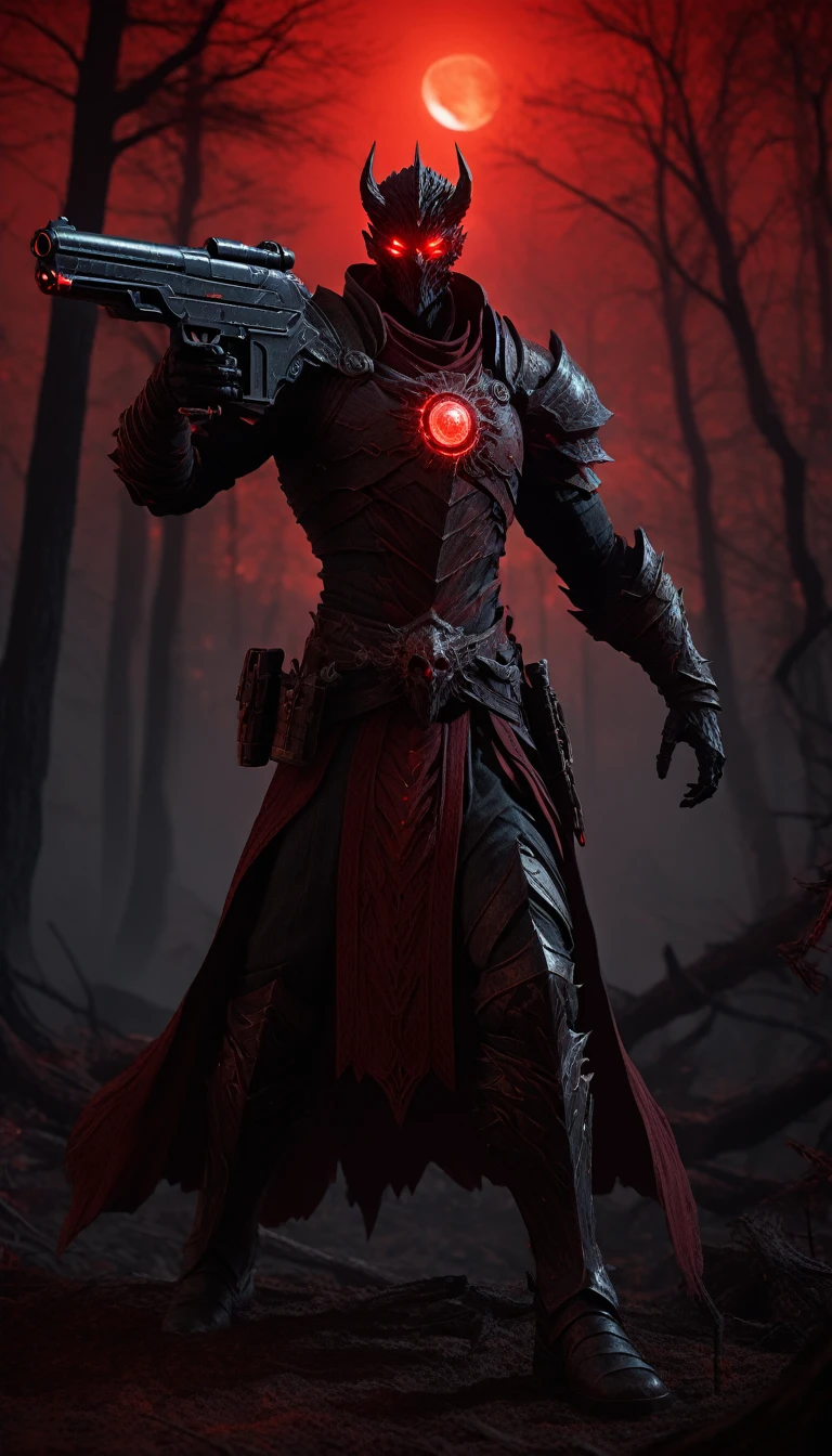Masterpieces, red dungeons and dragons demon (wielding a a destiny energy gun with radiant red light, emanating potent red light magic.) red glowing eyes, muscular, wrath, fantasy dark souls and elden ring style, end game boss, (red and grey skin color scheme), (action shot: pointing gun), standing in a dead forest, Full red moon. Full body shot, cinematic shot, volumetric lighting, intricate pattern detail, highly detailed