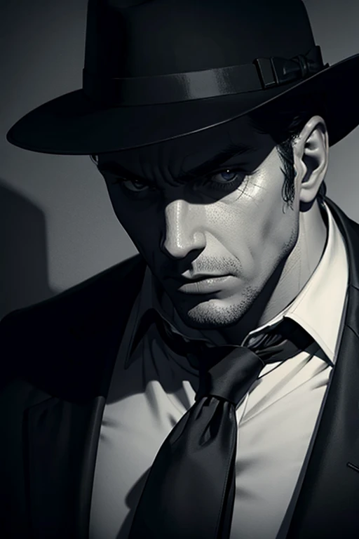 a mafioso in a sleek black suit, detailed facial features, intense gaze, holding a cigar, dramatic lighting, dark moody atmosphere, cinematic composition, chiaroscuro lighting, dramatic shadows, crime noir style, hyper-realistic, 8k, photorealistic, masterpiece