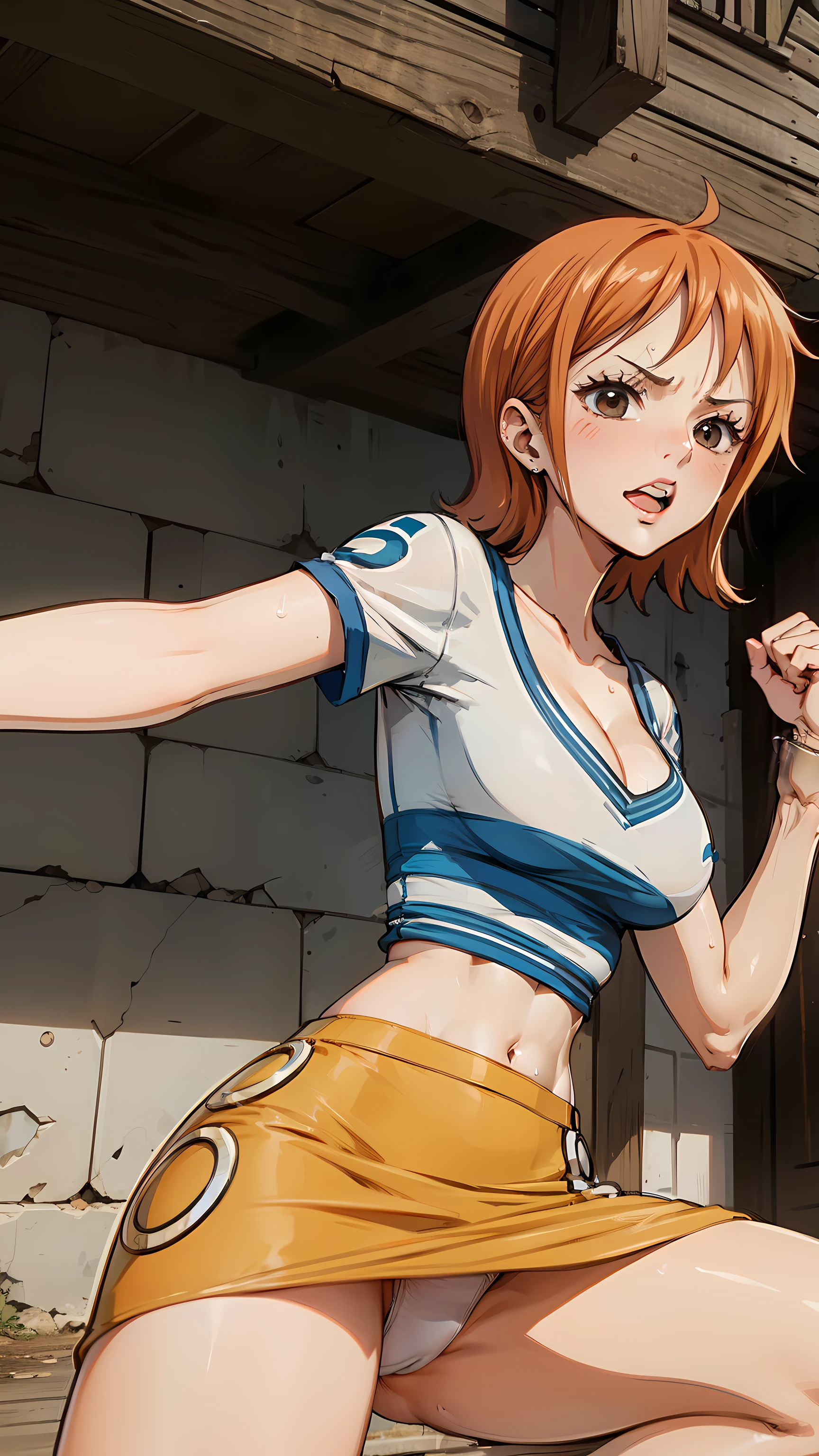 NSFW,white panties,Dynamic composition,dutch angle,from below,{{on one knee}},small face (of a woman),{{{masterpiece}}, {{{Highest quality}}},{{Very detailed}},{{1girl,30years old,{Mature Woman}},{{tall}},{{Adult female}},sharp look,{{Fighting stance}},{{nami (one piece), short hair, orange hair, brown eyes, cleavage, striped shirt, white shirt, short sleeves, bracelet, miniskirt, yellow skirt}},{fighting stance}},{},{}, ,{{}},{{}},,{{blushing with anger}},{{}},,{{}},{{}},,Slender body}}{{Avoidance}}{Wrinkles ,amount,Grit your teeth,suffering,v-shaped eyebrows.,Sweat dripping,Medium chest ,get annoyed,,Slums,,Twisting