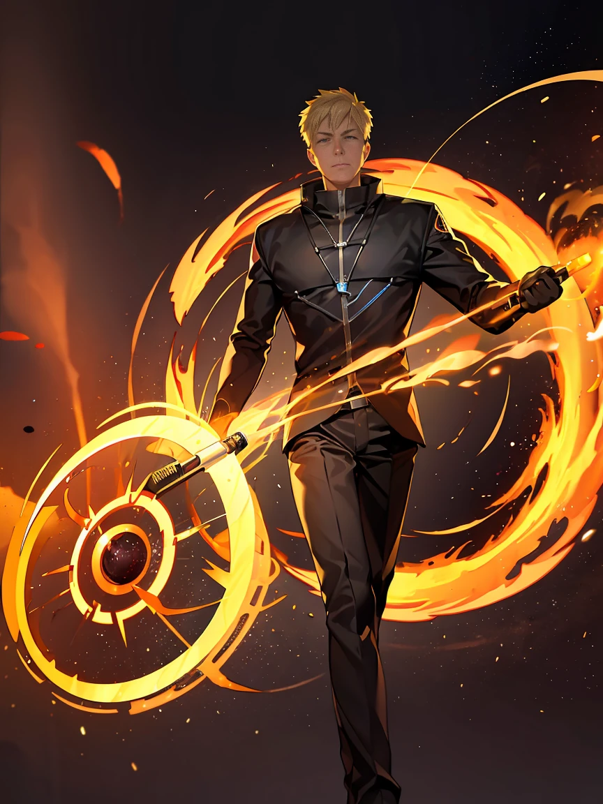 1 man , with radiation in it, a circle of fire behind him,in quantum space .(high resolution),(best qualityer),(4k image),.