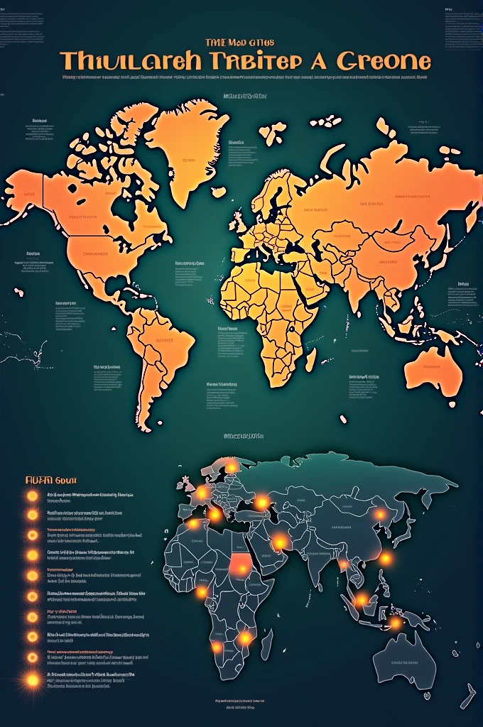 Montrez une carte du monde avec des points lumineux ou des marqueurs indiquant les diverses communautés peules à travers le globe. Ajoutez une légende soulignant notre présence internationale et notre unité."