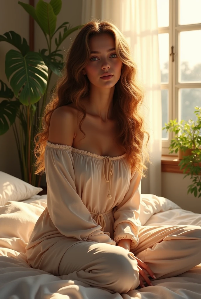 (photorealism:1.2), beautiful woman, sitting on bed, wearing loose off-shoulder top, pajama pants, long curly hair, indoors, soft lighting, plants in background, window with sunlight, cozy room, relaxed pose, realistic, intricate details, warm colors, by Greg Rutkowski, by Alphonse Mucha