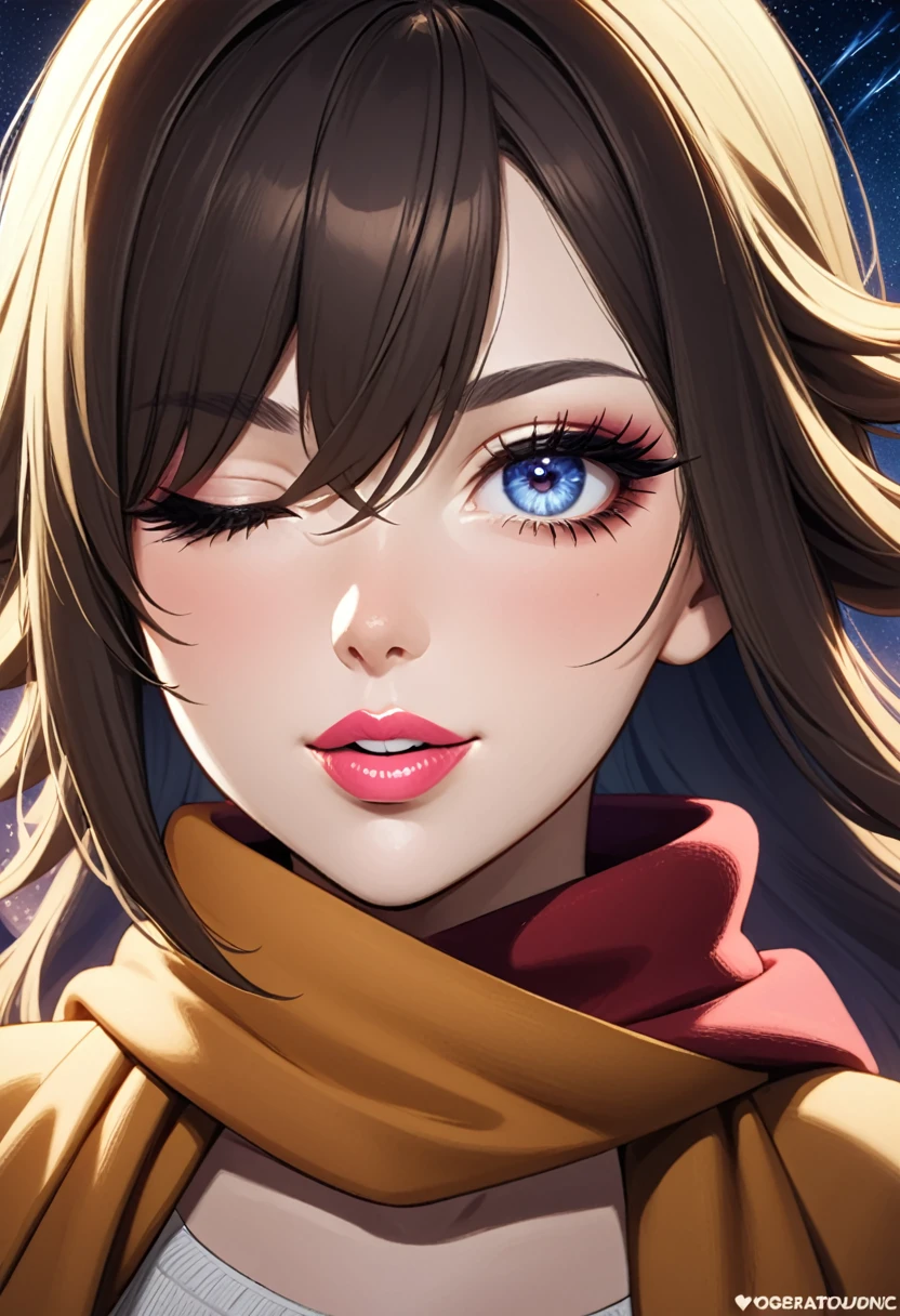 1 Girl, Ahog, Bangs, Blonde Hair, Blow a Kiss, blue eyes, blue scarf, brown scarf, cleveage, Shut up, eyelash, Face, Flowing hair, Hair between the eyes, Heart, Lips, Lipstick, Long hair, Looking at the audience, cosmetic, night Sky, nose, Close one eye, orange scarf, pink Lips, pink scarf, portrait, Purple Eyes, Practical, red Lips, red scarf, scarf, sign, Smile, Solitary, space, spoken Heart, Star (Sky), Starry Sky, Upper Body, Watermark, yang xiao long, yellow scarf