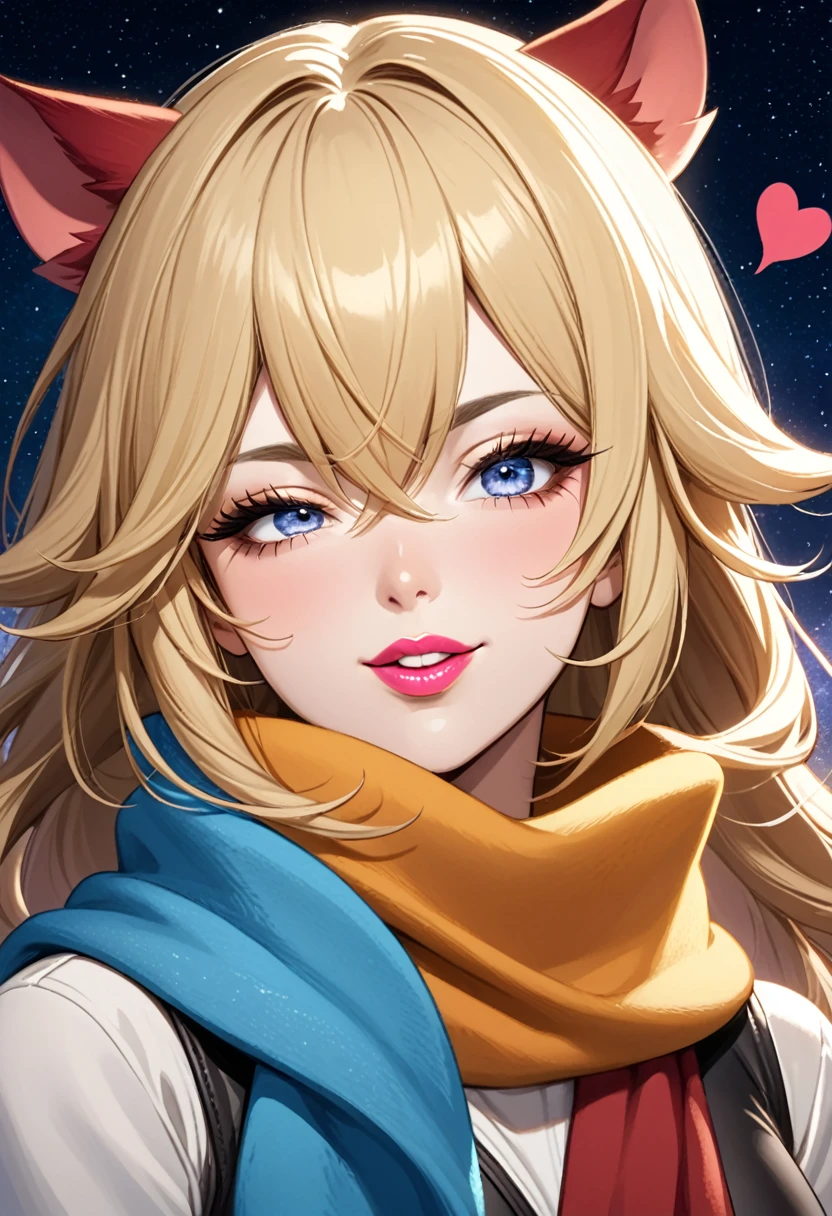 1 Girl, Ahog, Bangs, Blonde Hair, Blow a Kiss, blue eyes, blue scarf, brown scarf, cleveage, Shut up, eyelash, Face, Flowing hair, Hair between the eyes, Heart, Lips, Lipstick, Long hair, Looking at the audience, cosmetic, night Sky, nose, Close one eye, orange scarf, pink Lips, pink scarf, portrait, Purple Eyes, Practical, red Lips, red scarf, scarf, sign, Smile, Solitary, space, spoken Heart, Star (Sky), Starry Sky, Upper Body, Watermark, yang xiao long, yellow scarf