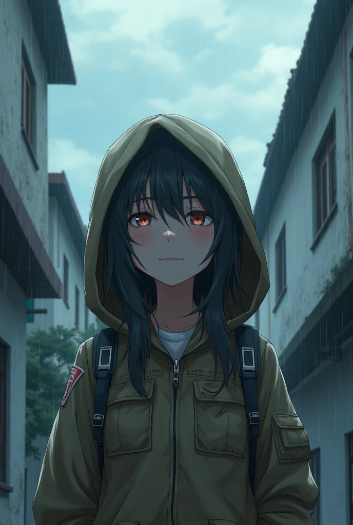 Dilapidated buildings Girl Hooded adventure suit Face up It's raining lightly Blue cloudy sky Aware expression