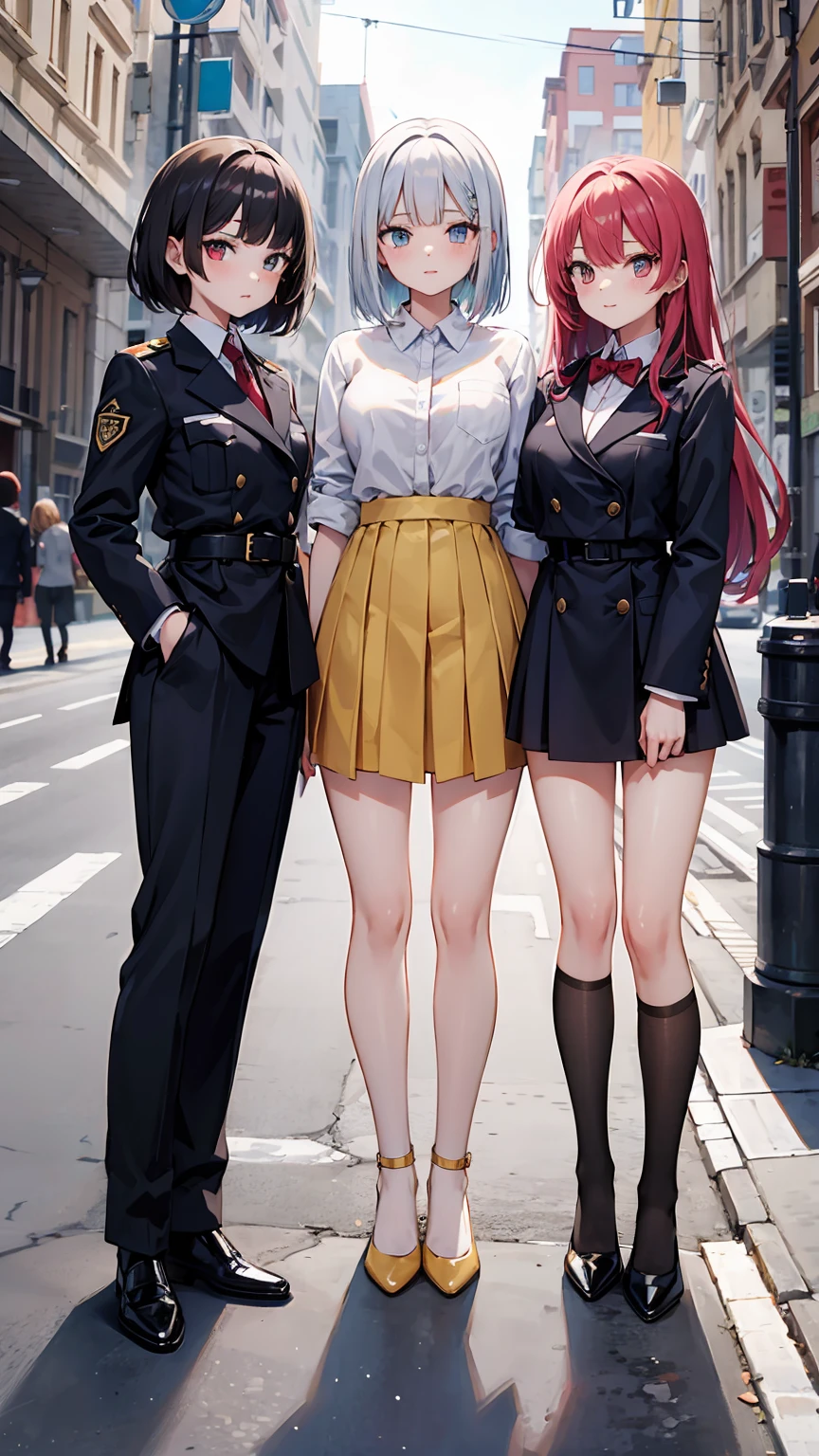 "Three 17-year-old girls. The first one has long yellow hair and green eyes... The second has white bob hair and blue eyes.. The third has long red hair and red eyes... Three people standing, Wearing uniform. Background is high school."