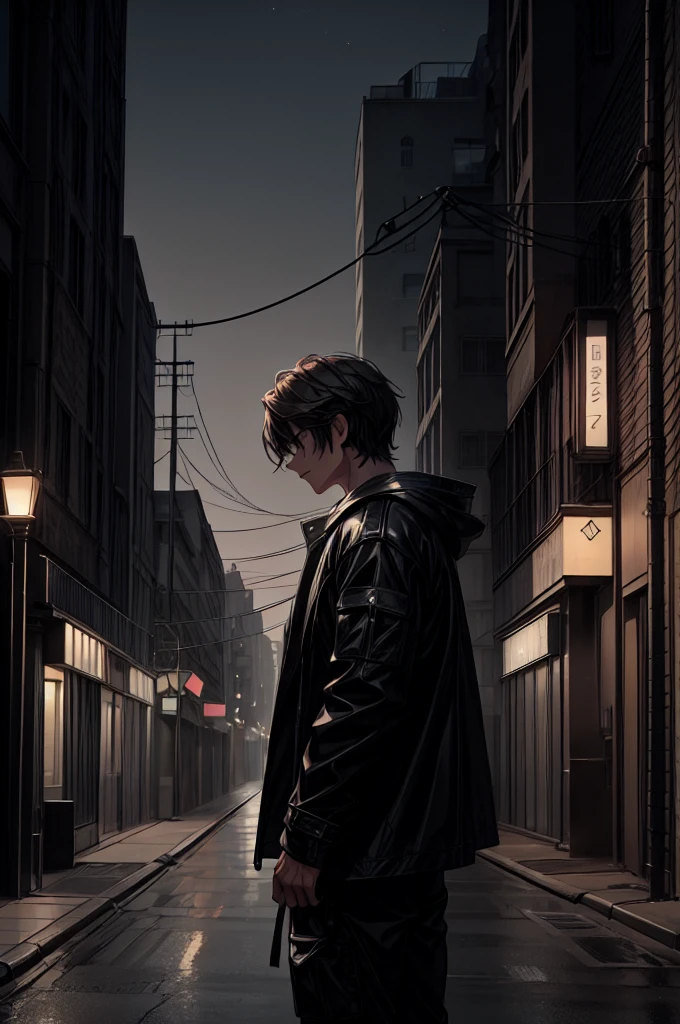 A man is lying in the middle of an empty street at night. The street is dimly lit with a cold, bluish tone, and the surroundings are blurry, giving a sense of isolation and desolation. The man, dressed in dark clothing and a jacket, is sprawled out on his back, his arms and legs slightly spread apart, with his face turned upward, suggesting a moment of exhaustion, surrender, or contemplation. The road stretches out in the distance, with faintly visible lines dividing the lanes, and the background features vague outlines of buildings and palm trees illuminated by soft, distant lights, emphasizing the quiet and solitary atmosphere.