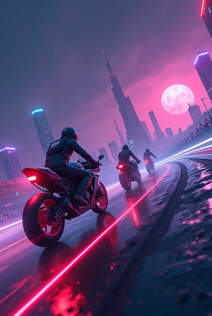 Tron style motorcycles racing on a track in the sky with buildings and stands with many people at night with purple sky