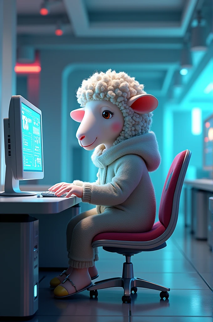 Sitting sheep with a hood and a computer futuristic animated edition