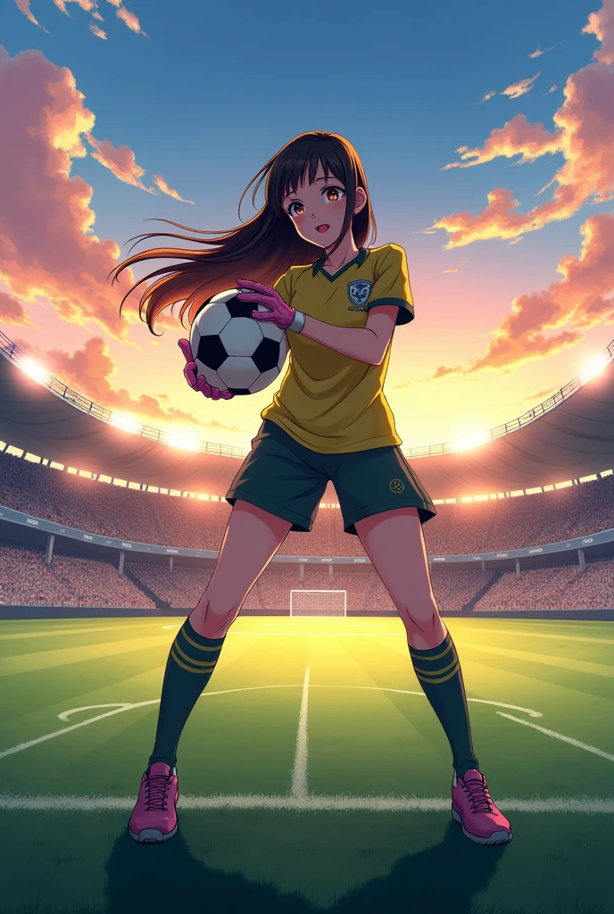 Goalkeeper anime teenage girl on a stadium on daynight holding a ball looking shy and nervous