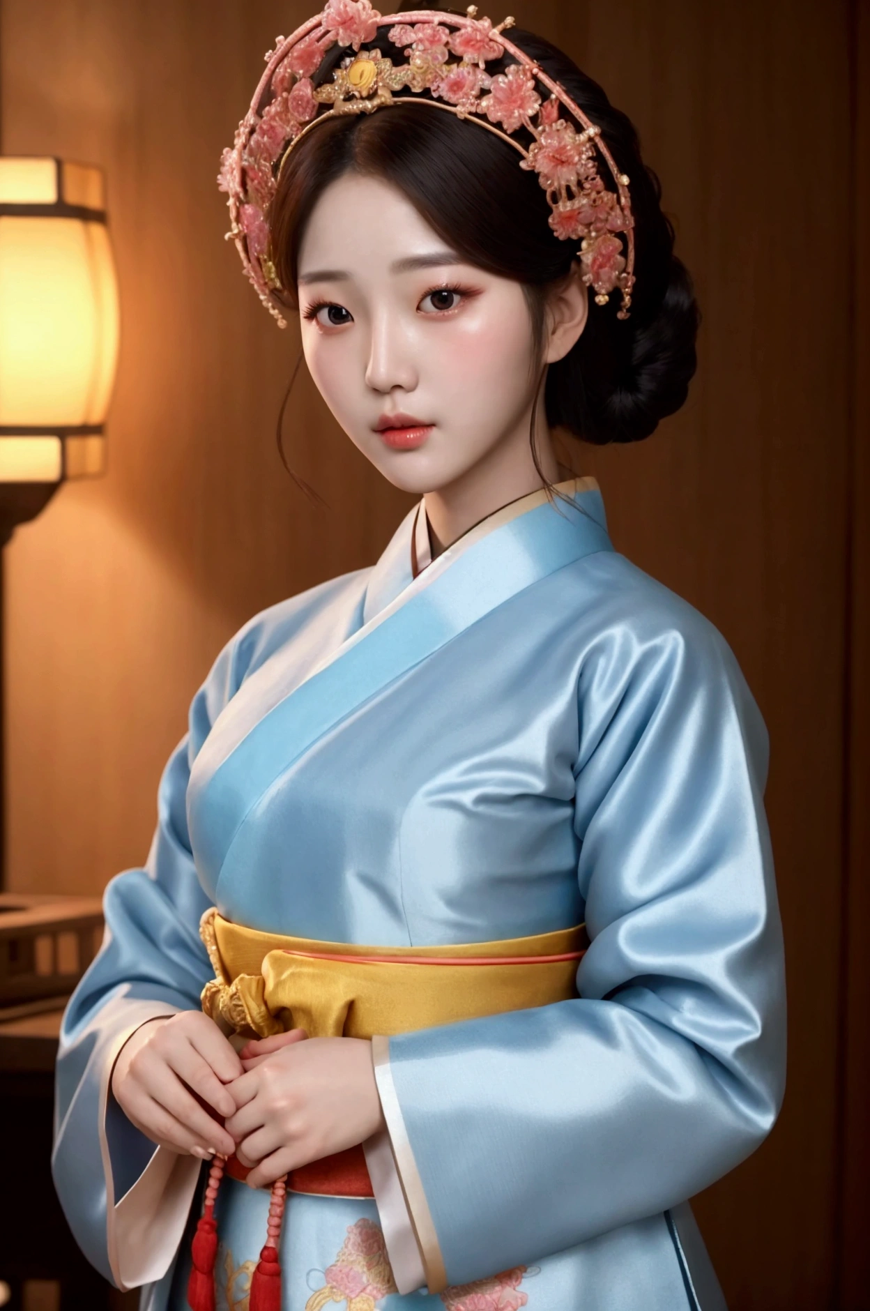 a beautiful korean woman wearing traditional hanbok dress, presenting an item, detailed facial features, elegant pose, high quality, photorealistic, intricate details, cinematic lighting, warm color tones, masterpiece