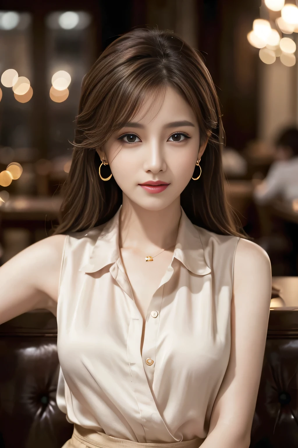 masterpiece, Highest quality, Realistic, Very detailed, Finer details, High resolution, 8k wallpaper, One beautiful woman, Wear a pretty colored silk shirt, In a great restaurant, At night, Light brown messy hair, Perfect dynamic composition, Beautiful and beautiful eyes、Big earrings、chest、Sleeveless shirt、