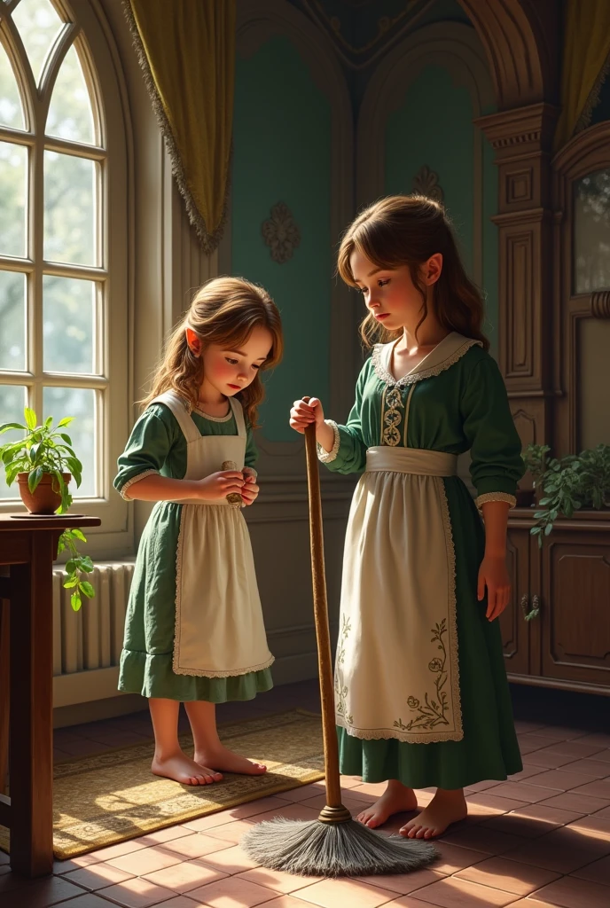 The brown-haired teenage hobbit with small pointy ears and no shoes, showing her hairy feet wearing maid clothes cleaning a Rivendell style room with a female hobbit in hyper realistic Victorian housekeeper clothes.